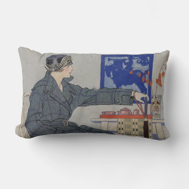 Frau im Café mit Vintagem Umbrella-Gemälde Lendenkissen (Vorderseite)