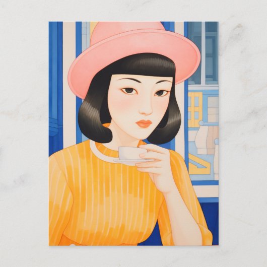 Frau im Café Postkarte (Vorderseite)