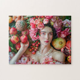 Frau im floralen Kleid mit Früchtegericht Puzzle