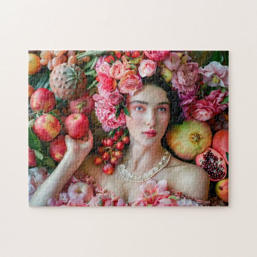Frau im floralen Kleid mit Früchtegericht Puzzle (Horizontal)