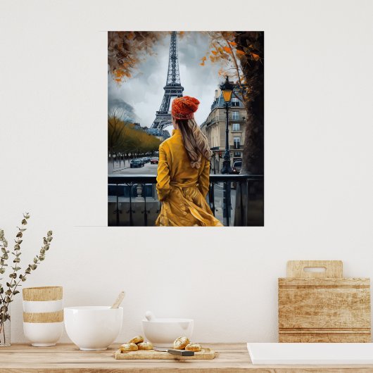 Frau im gelben Badezimmer Admiring Eiffelturm Poster (Küche)