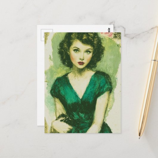 Frau im grünen Kleid Postkarte (Vorderseite/Rückseite Beispiel)