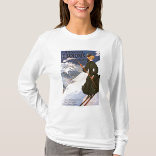Frau im grünen Skifahren-Plakat T-Shirt