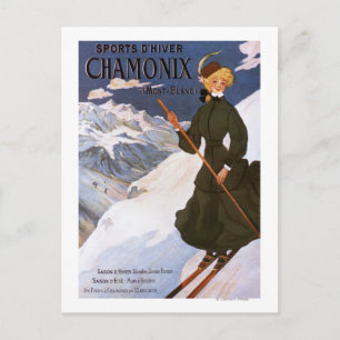 Frau im grünen Skifahren Poster Postkarte