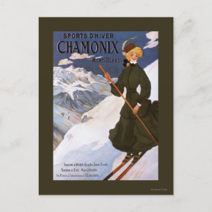Frau im grünen Skifahren Poster Postkarte