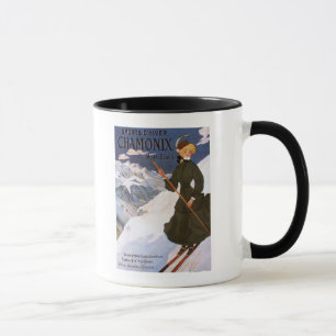 Frau im grünen Skifahren Poster Tasse