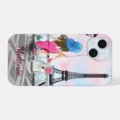 Frau im Pariser Eiffelturm-Individuelle Name iPhone 15 Hülle (Rückseite (Horizontal))