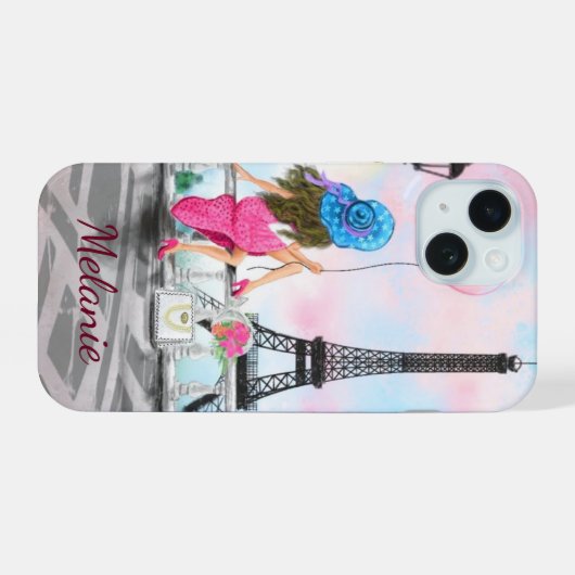Frau im Pariser Eiffelturm-Individuelle Name iPhone 15 Hülle (Rückseite (Horizontal))