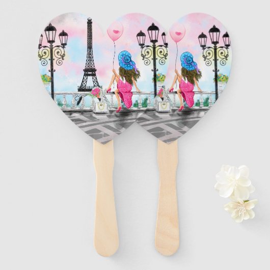Frau im Pariser Hand-Fan-Eiffelturm Fächer (Vorne und Hinten)