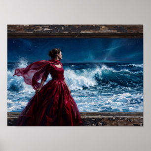 Frau im roten Kleid am stürmischen Meer Poster