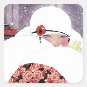 FRAU IM SCHNEE, WINTERLICHE MODESCHÖNHEIT QUADRATISCHER AUFKLEBER