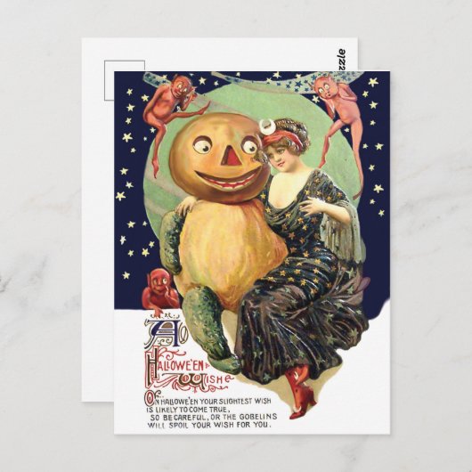 Frau in Begleitung von Jack O' Lantern und Goblins Postkarte (Vorne/Hinten)