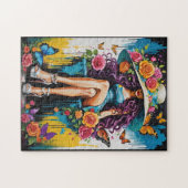 Frau in Big Hat und High Heels Floral Puzzle (Horizontal)