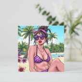 Frau in Bikini und Bandanna am Strand Karte (Stehend Vorderseite)