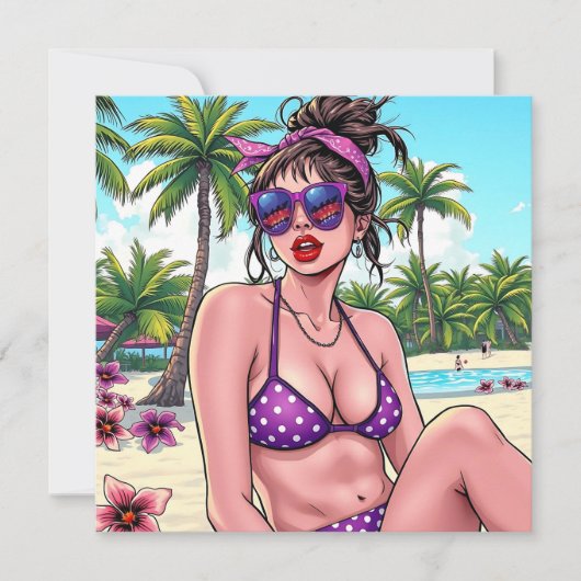 Frau in Bikini und Bandanna am Strand Karte (Vorderseite)
