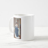 Frau in Blau, Buch lesen Kaffeetasse (Vorderseite Links)