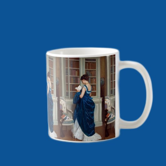 Frau in Blau, Buch lesen Kaffeetasse