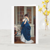 Frau in Blau, Buch lesen Karte (Gelbe Blume)