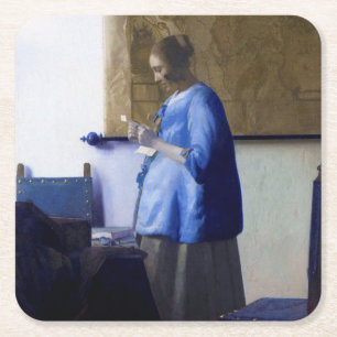 Frau in Blau, Johannes Vermeer Rechteckiger Pappuntersetzer