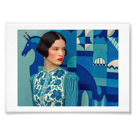 Frau in blaublühendem Kleid, Gemälde des blauen Pf Fotodruck (Vorne)