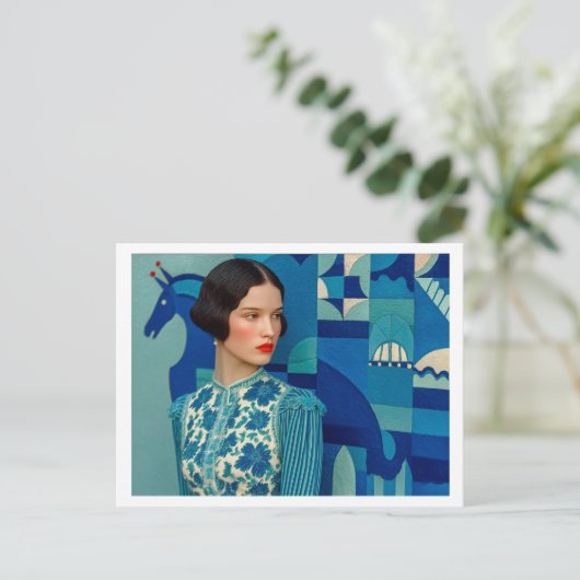 Frau in blaublühendem Kleid, Gemälde des blauen Pf Postkarte (Stehend Vorderseite)