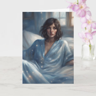 Frau in blauen Pyjamas leer Karte