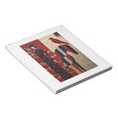 Frau in blühendem Kleid, kariertes Pferd und Rotwi Notizblock (angewinkelt)