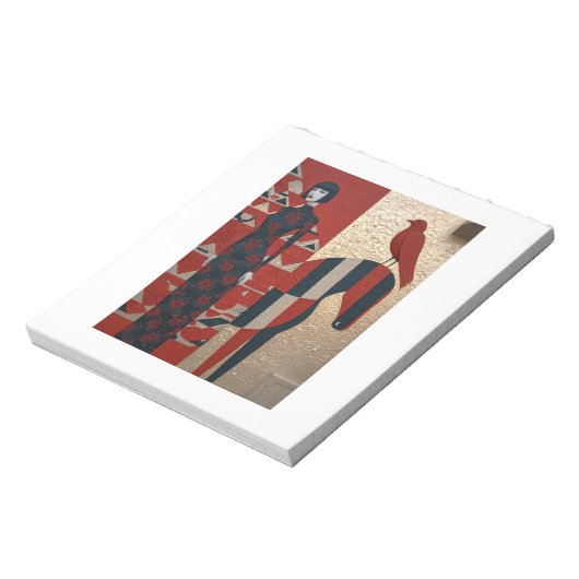Frau in blühendem Kleid, kariertes Pferd und Rotwi Notizblock (Rotiert)