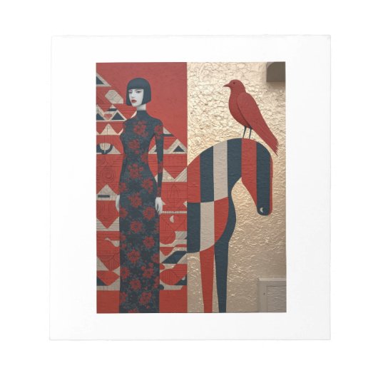 Frau in blühendem Kleid, kariertes Pferd und Rotwi Notizblock (Vorderseite)