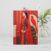 Frau in blühendem Kleid mit rotem Blütenmuster und (Stehend Vorderseite)