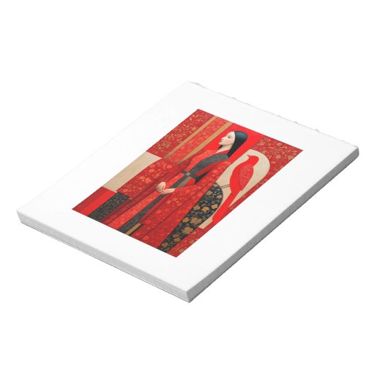 Frau in blühendem Kleid mit rotem Blütenmuster und Notizblock (Rotiert)