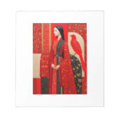 Frau in blühendem Kleid mit rotem Blütenmuster und Notizblock (Vorderseite)