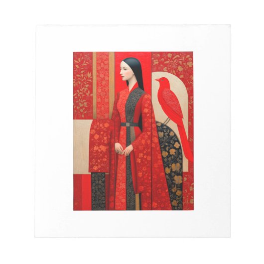 Frau in blühendem Kleid mit rotem Blütenmuster und Notizblock (Vorderseite)