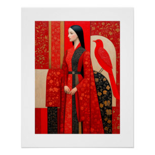 Frau in blühendem Kleid mit rotem Blütenmuster und Poster