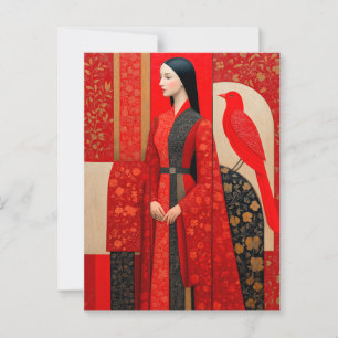 Frau in blühendem Kleid mit rotem Blütenmuster und Postkarte