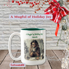 Frau in der Erde Tones, die den Urlaub antizipiert Zweifarbige Tasse