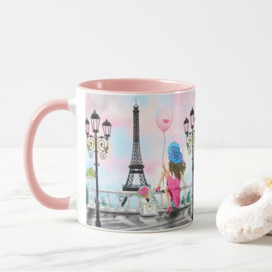 Frau in der Pariser Eiffelturm-Tasse Tasse (Mit Donut)