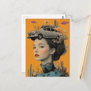 Frau in der Wüste mit Fisch und Auto Surrealer Col Postkarte
