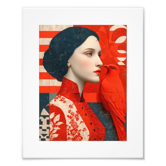 Frau in einem blühenden Kleid mit rotem Blütenmust Fotodruck (Vorne)