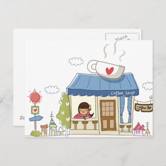 Frau in einem Café Postkarte (Vorne/Hinten)