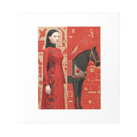 Frau in einem rot blühenden Kleid & schwarzen Pfer Notizblock (Vorderseite)