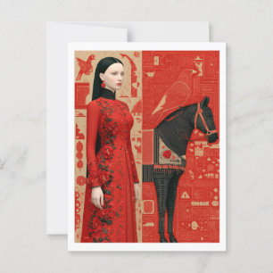 Frau in einem rot blühenden Kleid & schwarzen Pfer Postkarte