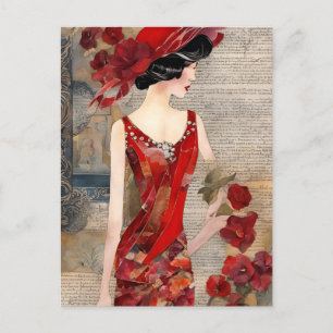 Frau in einem roten Kleid Mixed Media Postkarte