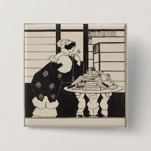 Frau in einer Buchhandlung, Entwurf für ein Button (Vorderseite)