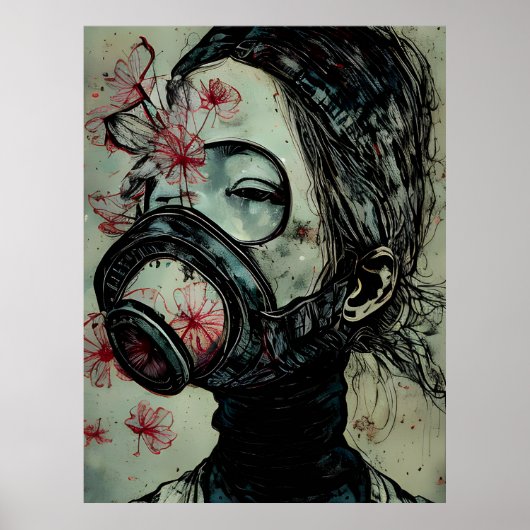 Frau in einer Gasmaske mit Blume Poster (Vorne)