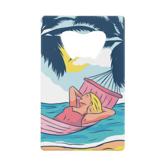 Frau in einer Hängematte am Strand Geldbeutel Flaschenöffner (Vorderseite)