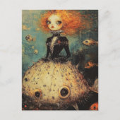 Frau in einer Puffer Fisch Kleidung Mode Postkarte (Vorderseite)