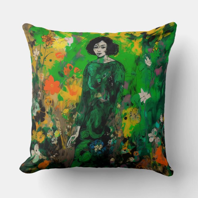 Frau in farbenprächtigem Feld Kissen (Vorderseite)