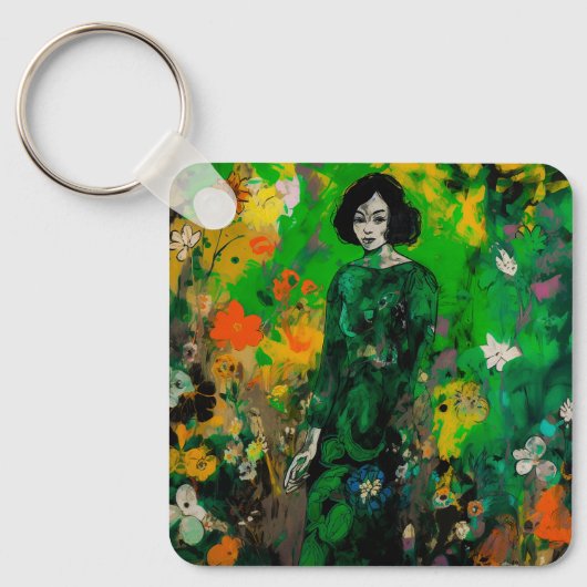 Frau in farbenprächtigem Feld Schlüsselanhänger (Vorderseite)
