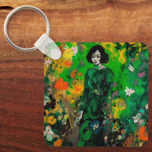 Frau in farbenprächtigem Feld Schlüsselanhänger (Vorderseite)